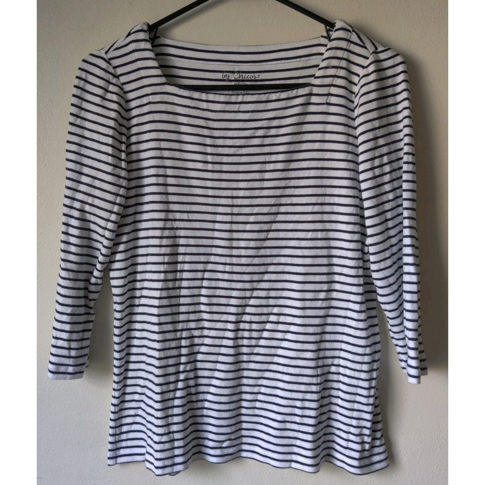 Chico's Women's White/Navy Blue Striped Boatneck Top 3/4 Sleeves Size 1 (M)